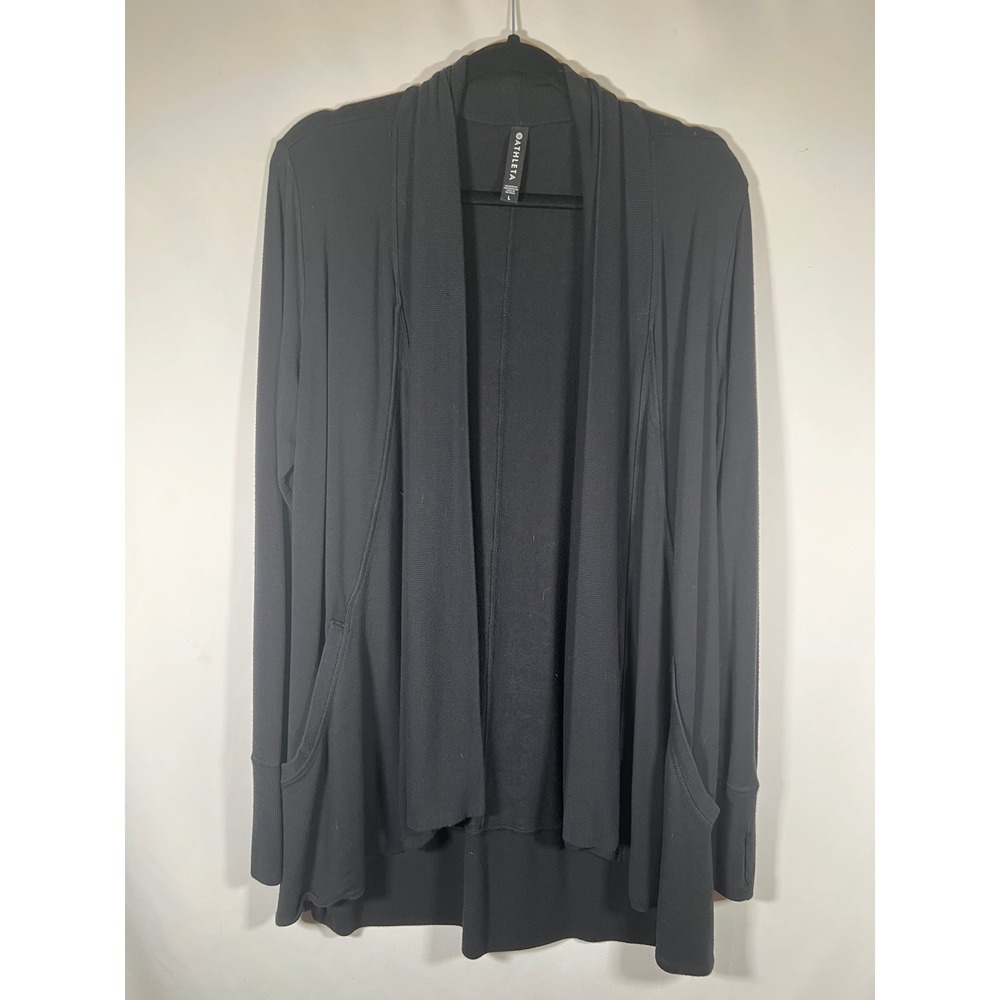 Athleta Womens Black Modal Open Front Cardigan Thumbhole Pockets Large RN 54023